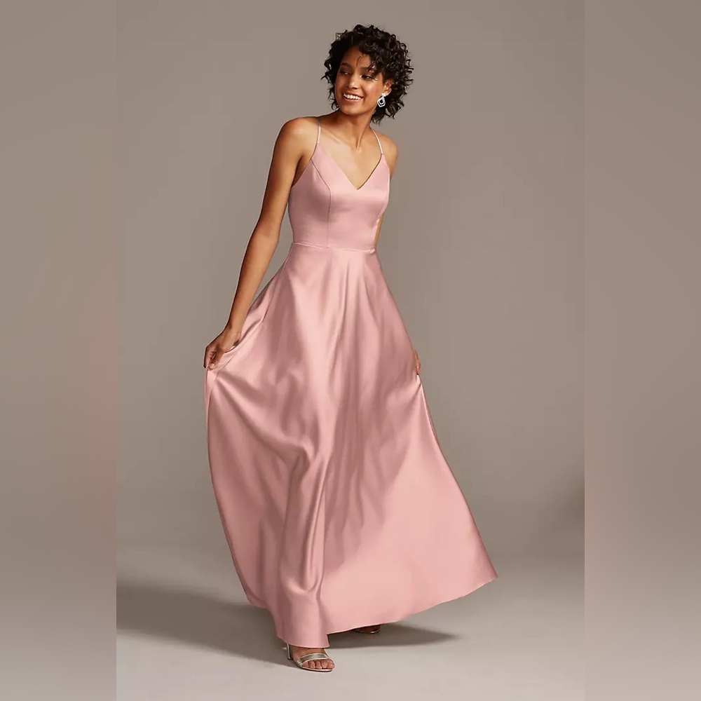 David’s Bridal Spaghetti Strap Satin A-Line Long Dress
STYLE# F20131